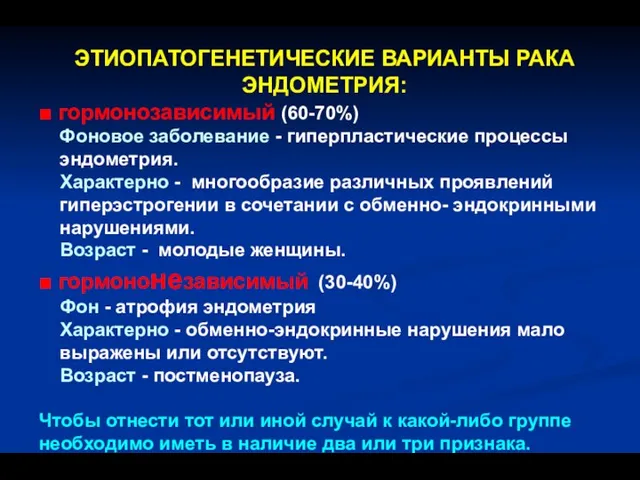 ЭТИОПАТОГЕНЕТИЧЕСКИЕ ВАРИАНТЫ РАКА ЭНДОМЕТРИЯ: ■ гормонозависимый (60-70%) Фоновое заболевание - гиперпластические