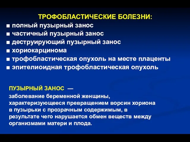 ПУЗЫРНЫЙ ЗАНОС — заболевание беременной женщины, характеризующееся превращением ворсин хориона в