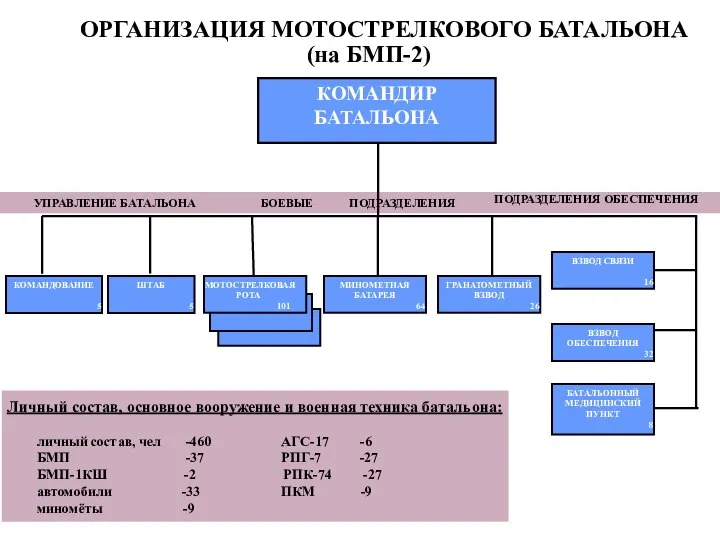 ОРГАНИЗАЦИЯ МОТОСТРЕЛКОВОГО БАТАЛЬОНА (на БМП-2) КОМАНДИР БАТАЛЬОНА ВЗВОД ОБЕСПЕЧЕНИЯ 32 БАТАЛЬОННЫЙ