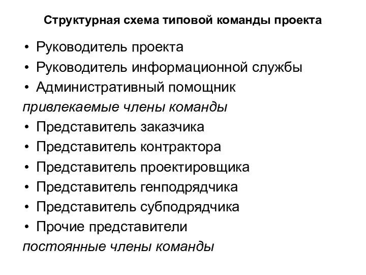 Структурная схема типовой команды проекта Руководитель проекта Руководитель информационной службы Административный