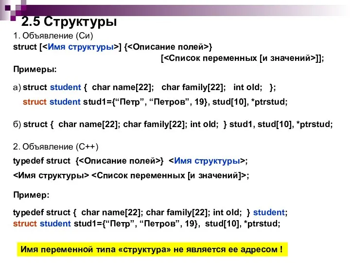 2.5 Структуры 1. Объявление (Си) struct [ ] { } [