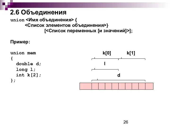 2.6 Объединения union { } [ ]; Пример: union mem {