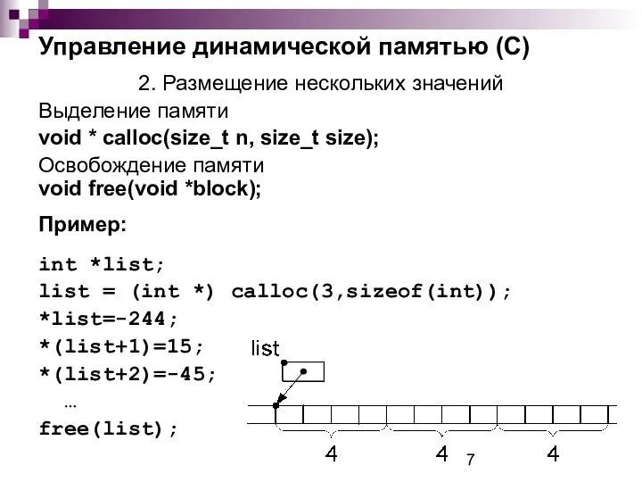 Управление динамической памятью (С) 2. Размещение нескольких значений Выделение памяти void