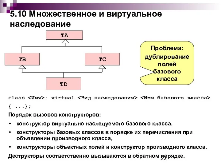 5.10 Множественное и виртуальное наследование class : virtual { ...}; Порядок