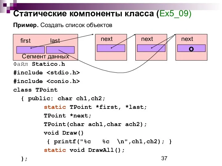 Статические компоненты класса (Ex5_09) Пример. Создать список объектов Файл Statico.h #include