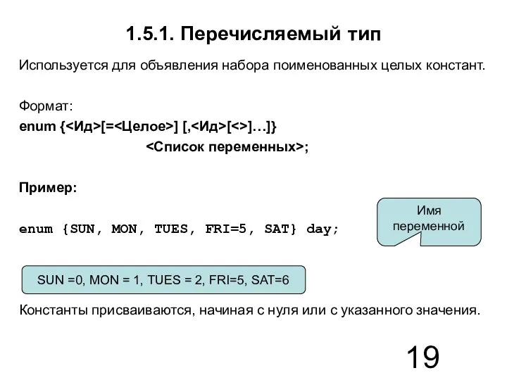 1.5.1. Перечисляемый тип Используется для объявления набора поименованных целых констант. Формат: