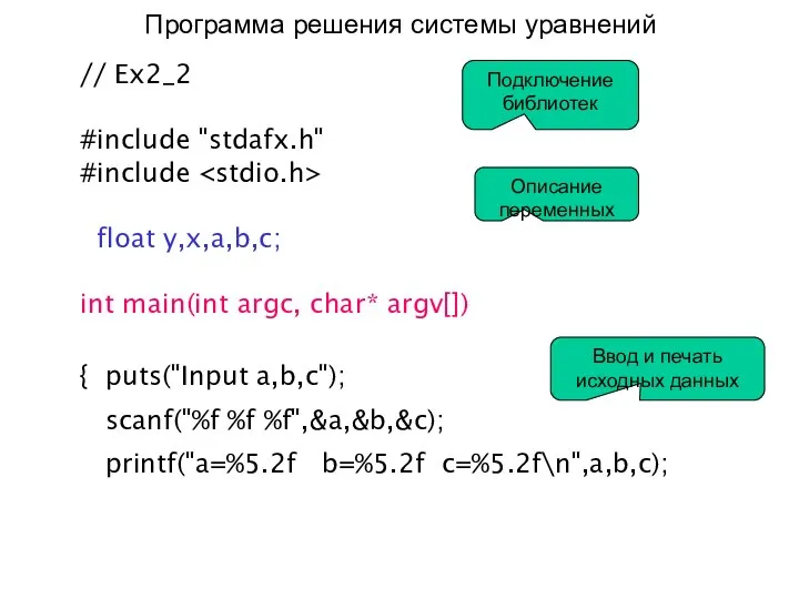 Программа решения системы уравнений // Ex2_2 #include "stdafx.h" #include float y,x,a,b,c;