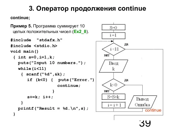 3. Оператор продолжения continue continue; Пример 5. Программа суммирует 10 целых