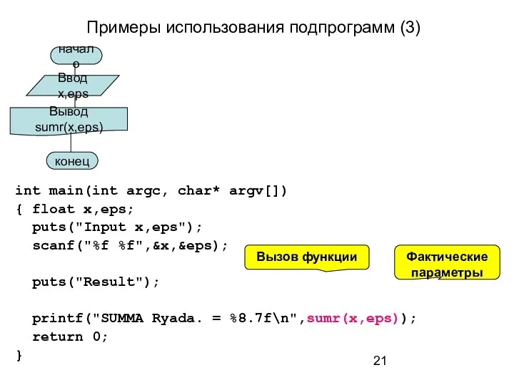 Примеры использования подпрограмм (3) int main(int argc, char* argv[]) { float