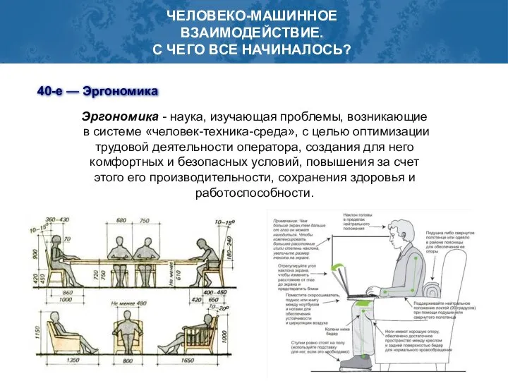 ЧЕЛОВЕКО-МАШИННОЕ ВЗАИМОДЕЙСТВИЕ. С ЧЕГО ВСЕ НАЧИНАЛОСЬ? 40-е — Эргономика Эргономика -