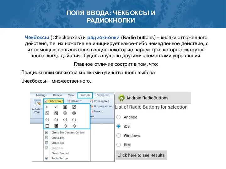 ПОЛЯ ВВОДА: ЧЕКБОКСЫ И РАДИОКНОПКИ Чекбоксы (Checkboxes) и радиокнопки (Radio buttons)