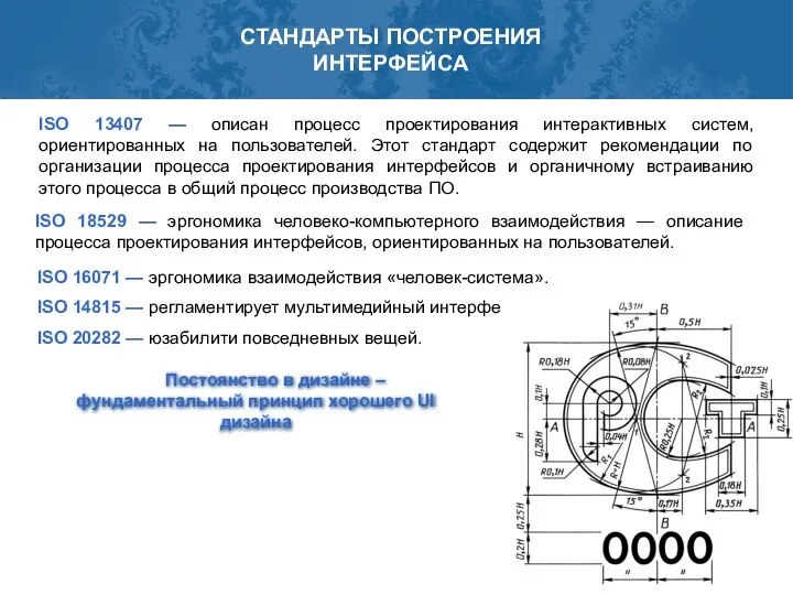 СТАНДАРТЫ ПОСТРОЕНИЯ ИНТЕРФЕЙСА ISO 13407 — описан процесс проектирования интерактивных систем,