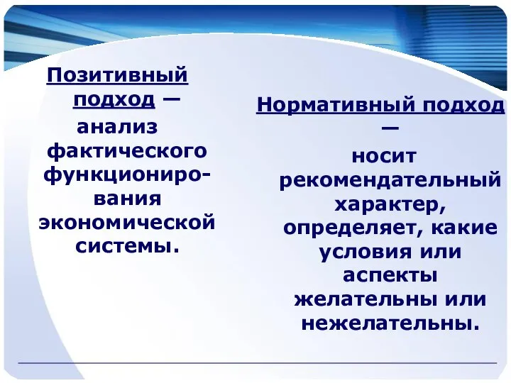 Позитивный подход — анализ фактического функциониро-вания экономической системы. Нормативный подход —