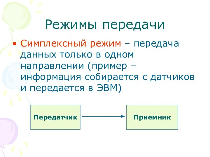 Режимы передачи Симплексный режим – передача данных только в одном направлении