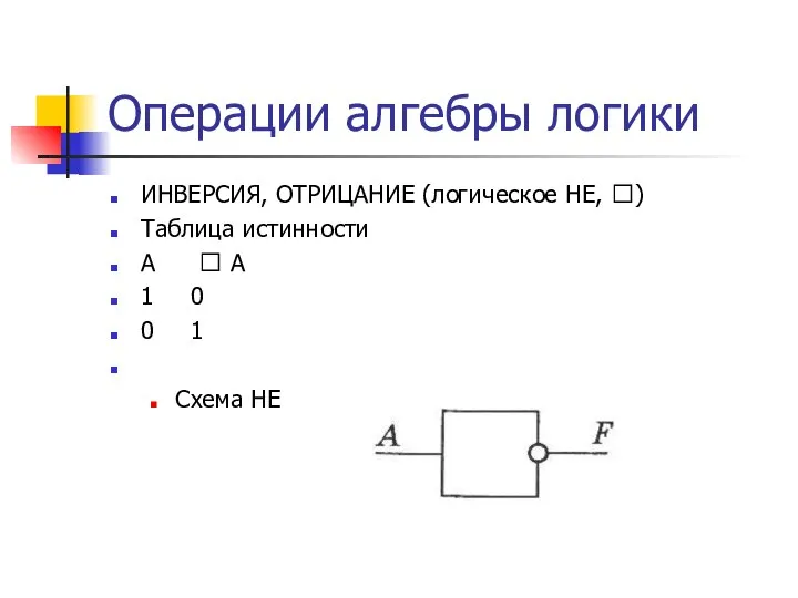 Операции алгебры логики ИНВЕРСИЯ, ОТРИЦАНИЕ (логическое НЕ, ) Таблица истинности A