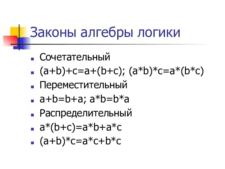 Законы алгебры логики Сочетательный (a+b)+c=a+(b+c); (a*b)*c=a*(b*c) Переместительный a+b=b+a; a*b=b*a Распределительный a*(b+c)=a*b+a*c (a+b)*c=a*c+b*c