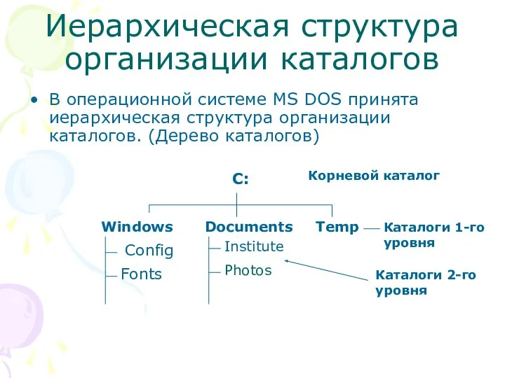 Иерархическая структура организации каталогов В операционной системе MS DOS принята иерархическая