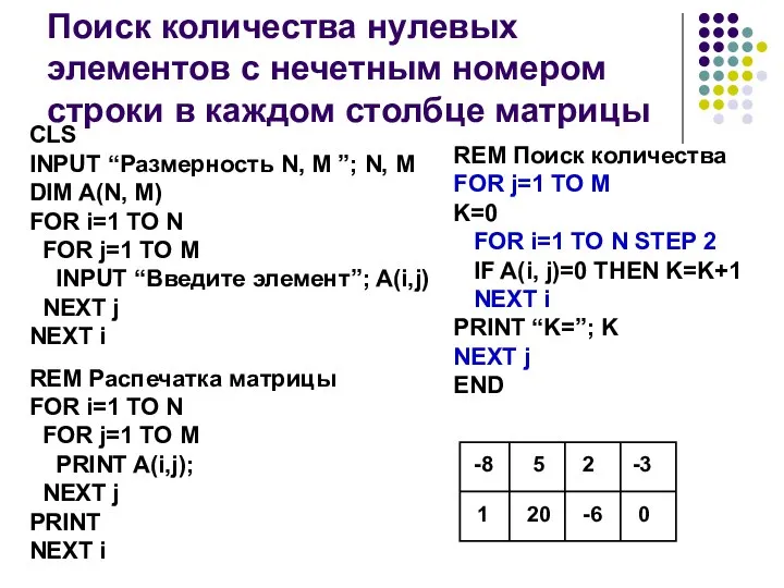 Поиск количества нулевых элементов с нечетным номером строки в каждом столбце