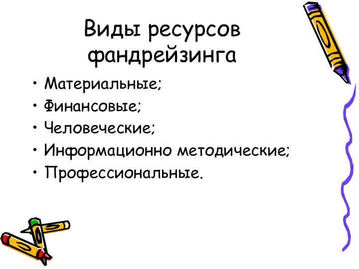 Виды ресурсов фандрейзинга Материальные; Финансовые; Человеческие; Информационно методические; Профессиональные.