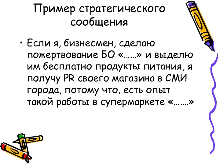 Пример стратегического сообщения Если я, бизнесмен, сделаю пожертвование БО «……» и