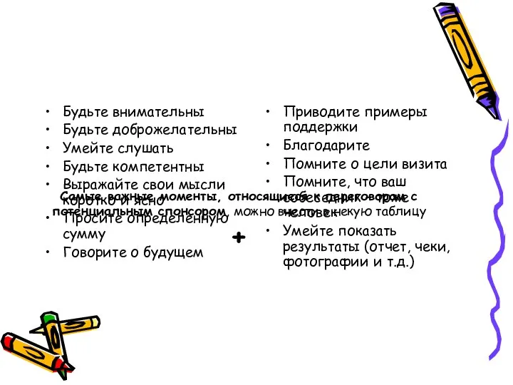 Самые важные моменты, относящиеся к переговорам с потенциальным спонсором, можно внести