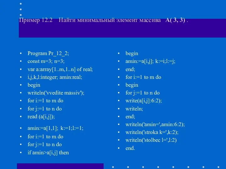 Пример 12.2 Найти минимальный элемент массива A( 3, 3) . Program