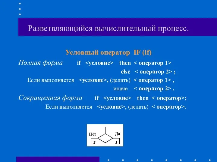 Разветвляющийся вычислительный процесс. Условный оператор IF (if) Полная форма if then