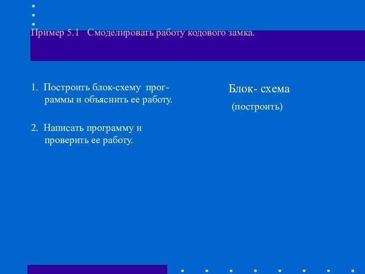 Пример 5.1 Смоделировать работу кодового замка. 1. Построить блок-схему прог-раммы и