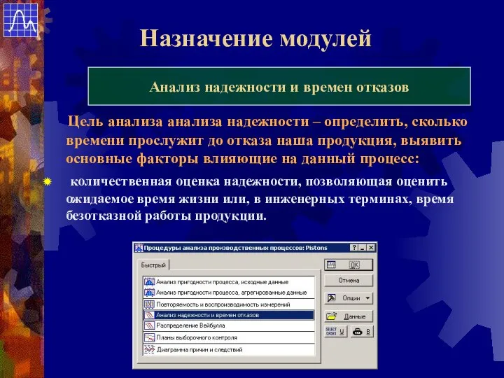 Назначение модулей Анализ надежности и времен отказов Цель анализа анализа надежности