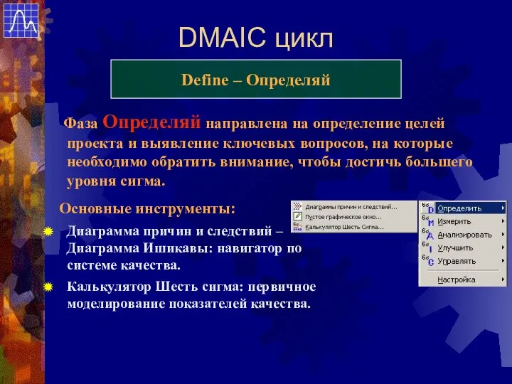 DMAIC цикл Define – Определяй Фаза Определяй направлена на определение целей