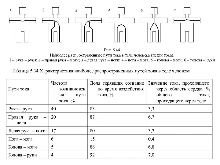 Рис. 5.44 Наиболее распространенные пути тока в теле человека (петли тока):