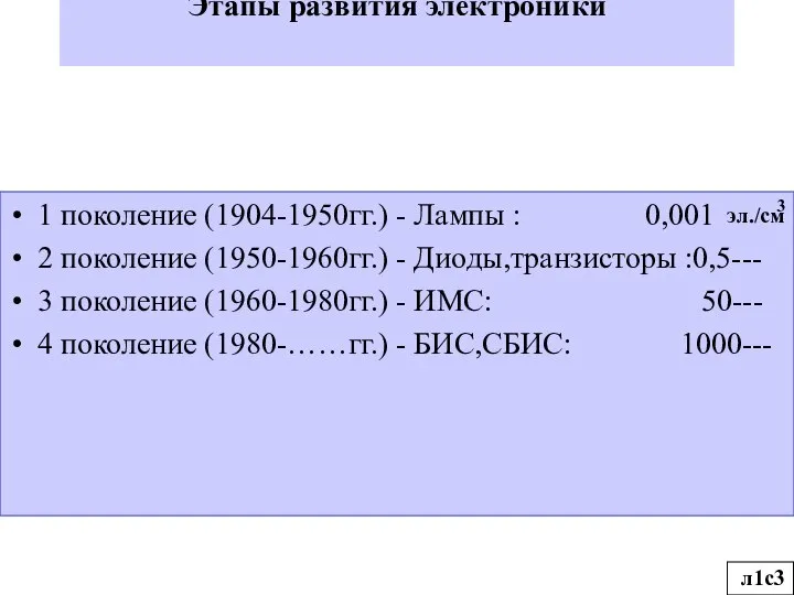 л1с3 Этапы развития электроники 1 поколение (1904-1950гг.) - Лампы : 0,001