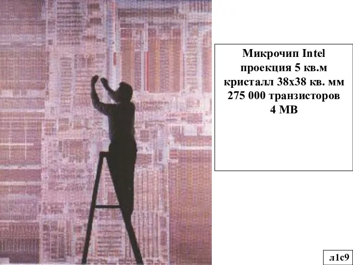 Микрочип Intel проекция 5 кв.м кристалл 38х38 кв. мм 275 000 транзисторов 4 MB л1с9