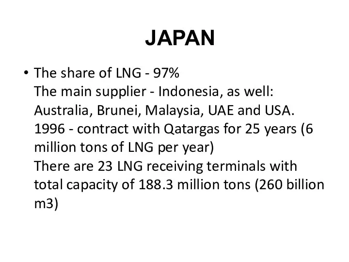 The share of LNG - 97% The main supplier - Indonesia,