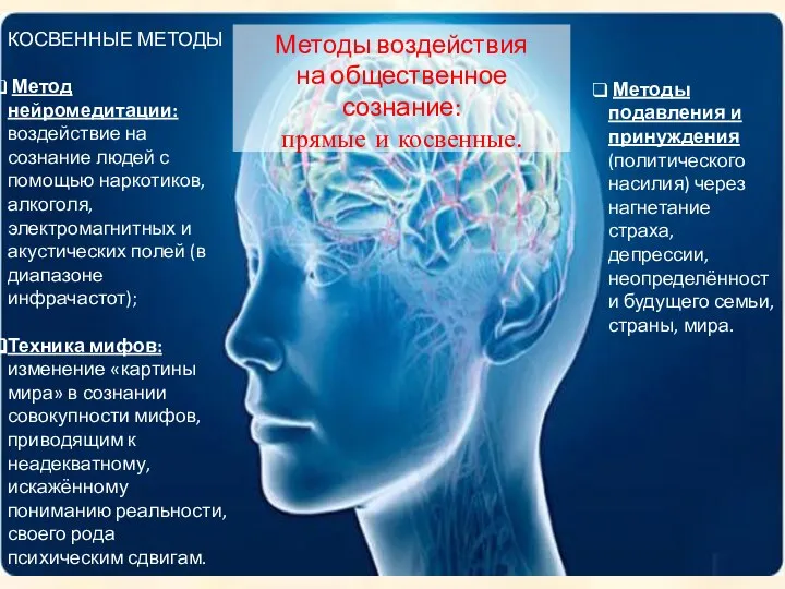 КОСВЕННЫЕ МЕТОДЫ Метод нейромедитации: воздействие на сознание людей с помощью наркотиков,
