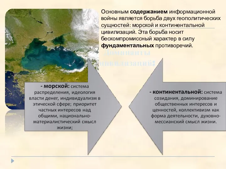 Основным содержанием информационной войны является борьба двух геополитических сущностей: морской и