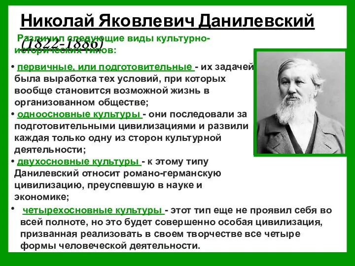 Николай Яковлевич Данилевский (1822-1886) Различил следующие виды культурно-исторических типов: первичные, или