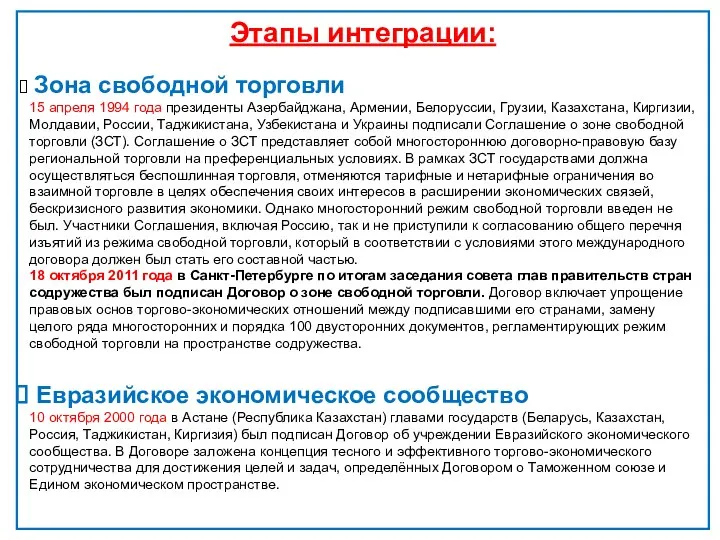 Этапы интеграции: Зона свободной торговли 15 апреля 1994 года президенты Азербайджана,