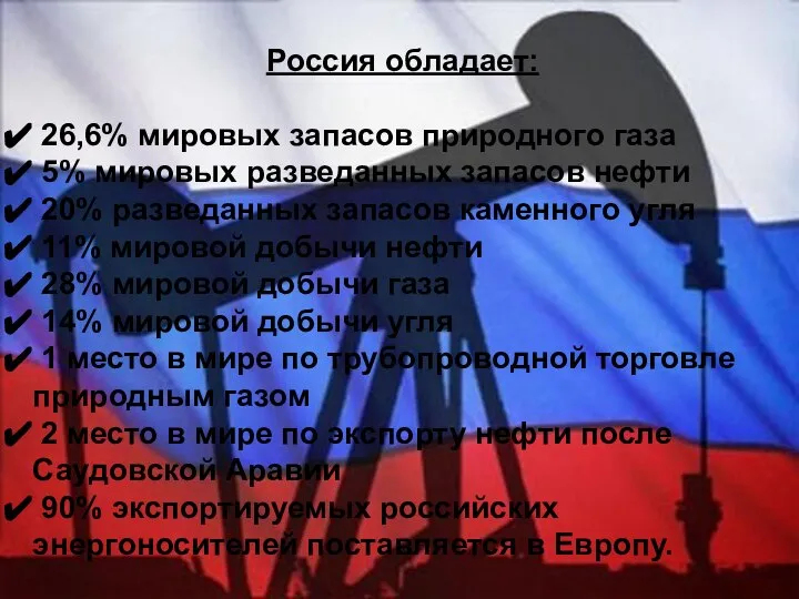 Россия обладает: 26,6% мировых запасов природного газа 5% мировых разведанных запасов