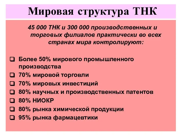 Мировая структура ТНК 45 000 ТНК и 300 000 производственных и