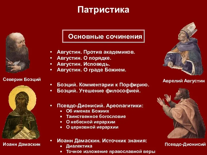 Патристика Августин. Против академиков. Августин. О порядке. Августин. Исповедь. Августин. О