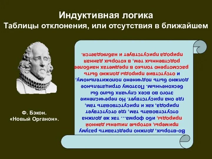 Индуктивная логика Таблицы отклонения, или отсутствия в ближайшем Ф. Бэкон. «Новый