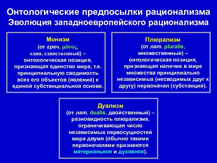 Онтологические предпосылки рационализма Эволюция западноевропейского рационализма Монизм (от греч. μόνος, один,