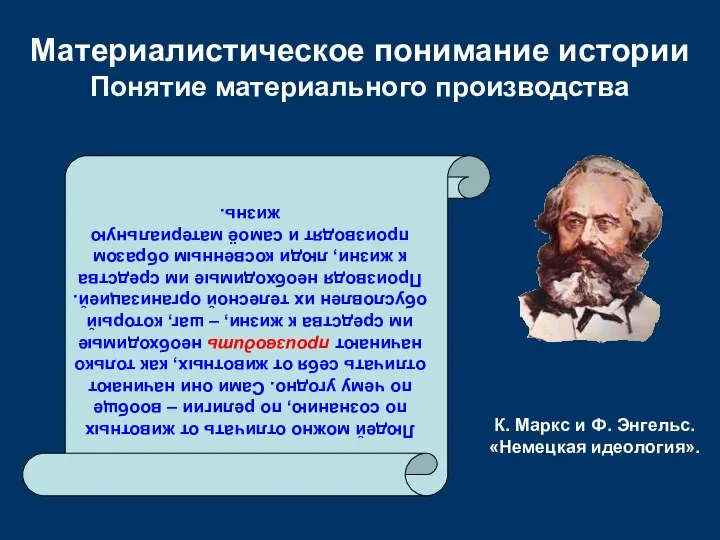 Материалистическое понимание истории Понятие материального производства Людей можно отличать от животных