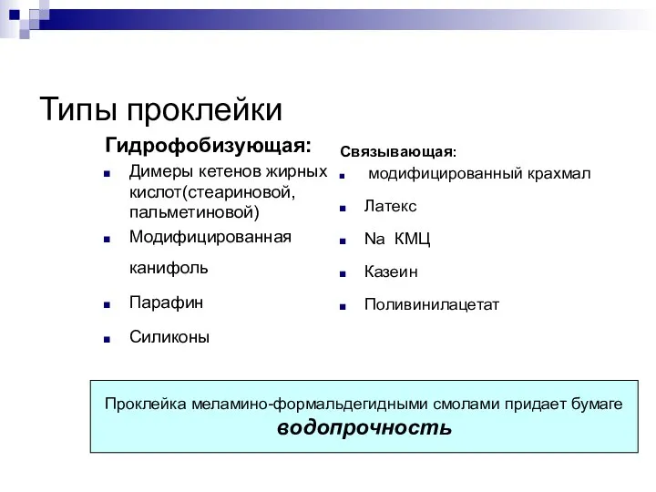 Типы проклейки Гидрофобизующая: Димеры кетенов жирных кислот(стеариновой, пальметиновой) Модифицированная канифоль Парафин