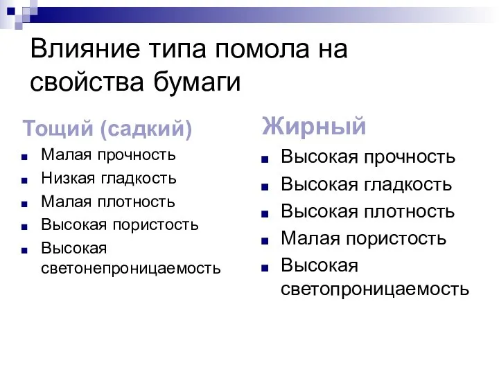 Влияние типа помола на свойства бумаги Тощий (садкий) Малая прочность Низкая