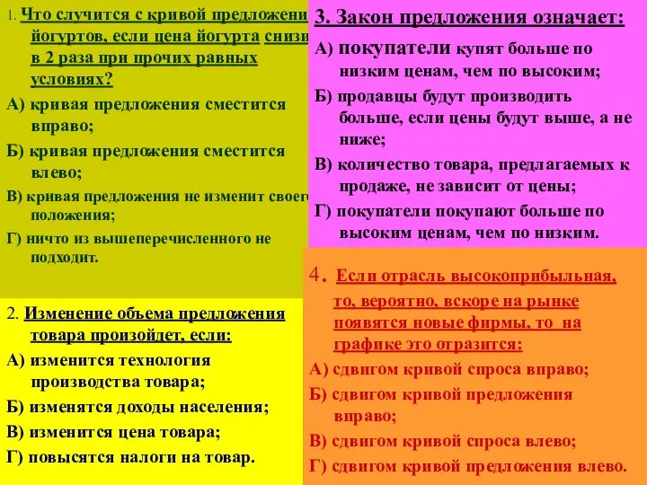 1. Что случится с кривой предложения йогуртов, если цена йогурта снизится