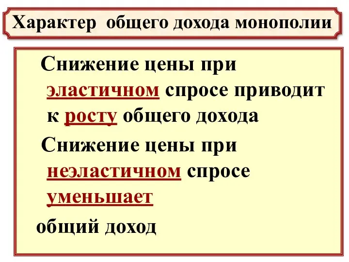 Снижение цены при эластичном спросе приводит к росту общего дохода Снижение