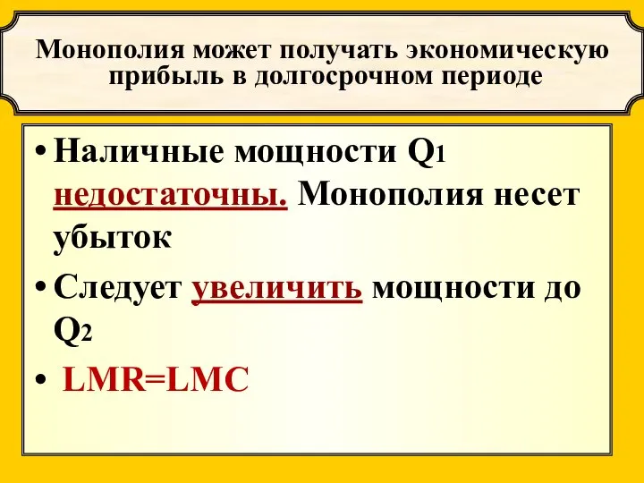 Монополия может получать экономическую прибыль в долгосрочном периоде Наличные мощности Q1