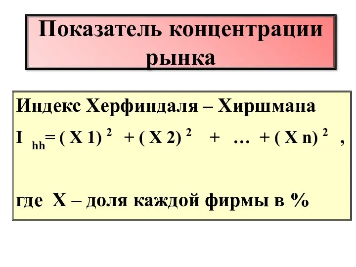 Показатель концентрации рынка Индекс Херфиндаля – Хиршмана I hh= ( X